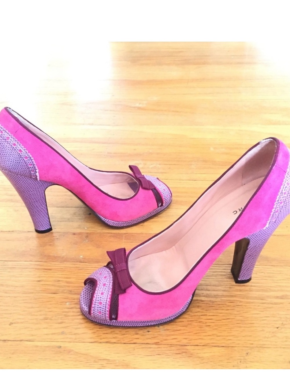 Marc Jacobs Fuchsia and Lavender Suede Peep-Toe Heels with Bow